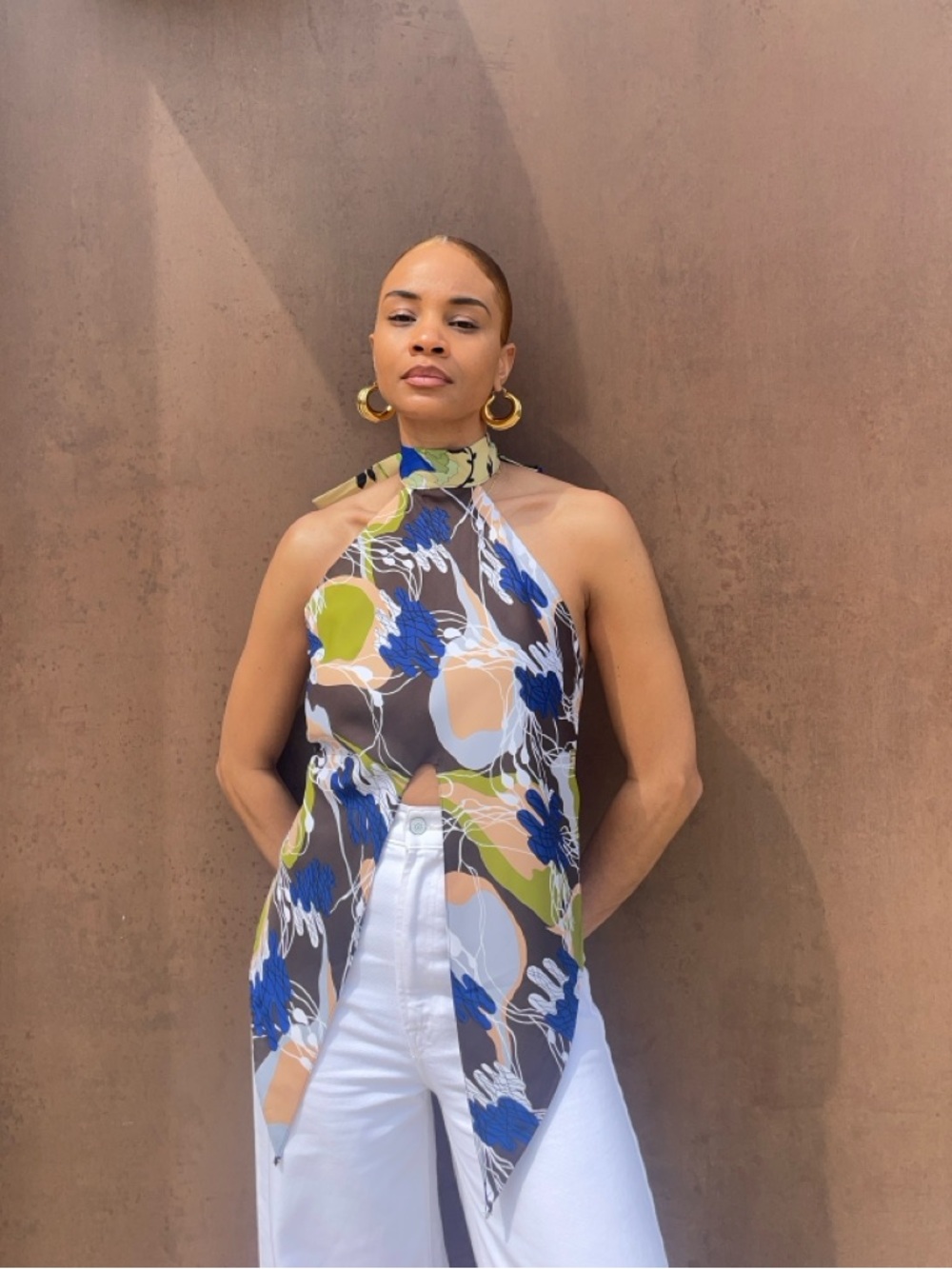 Sleeveless Floral Halter Top in Blue/Green